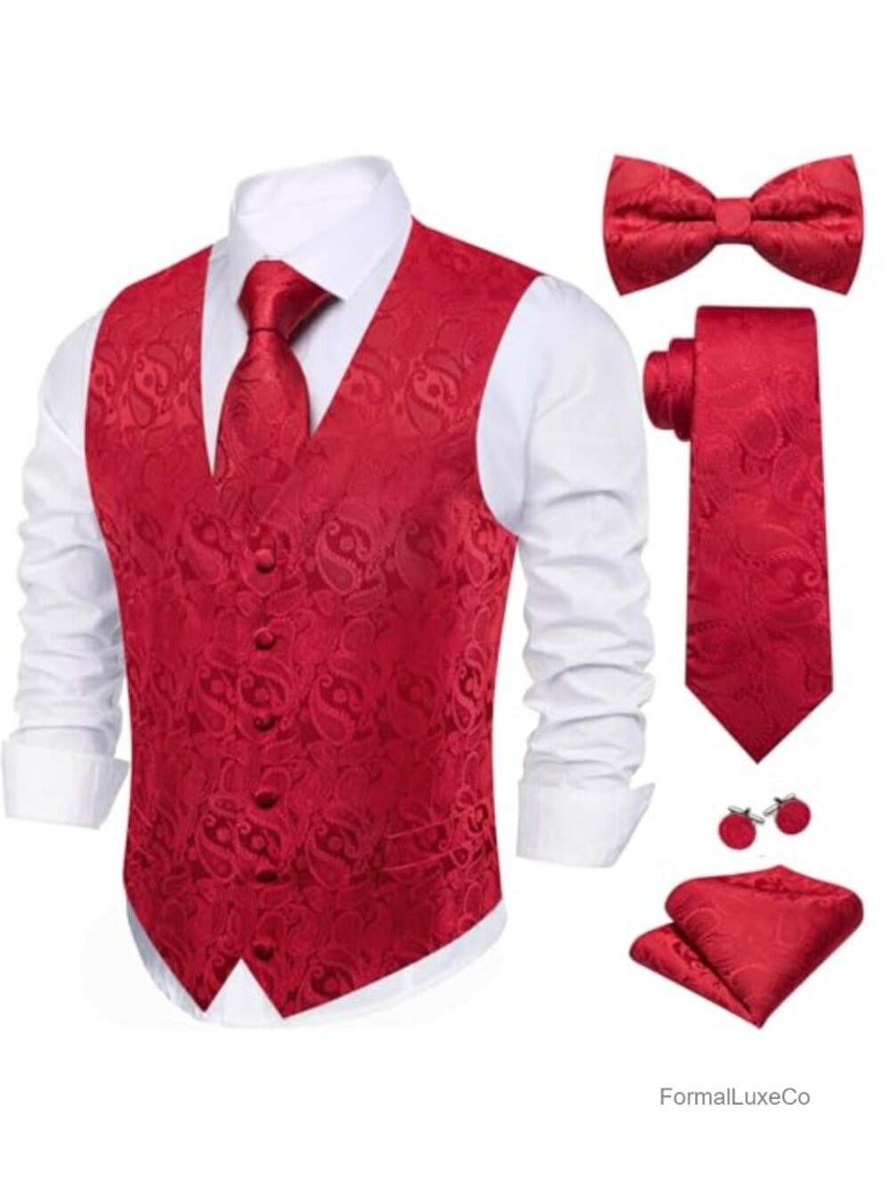Men's Suit Vest Tie Bowtie Hanky Cufflinks 7-Piece Set Formal Tuxedo
